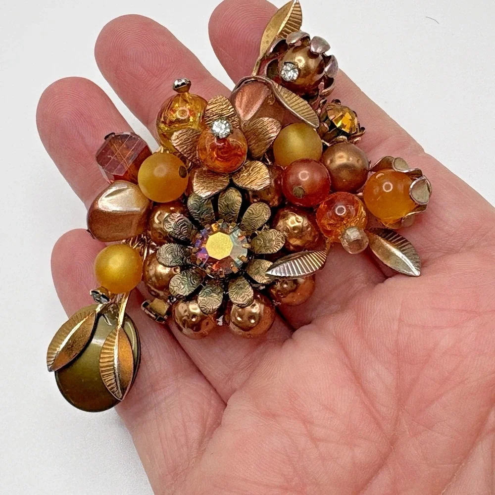 Vintage Brooch Flower AB Artglass Honey Bronze Thermoset Rhinestone MCM